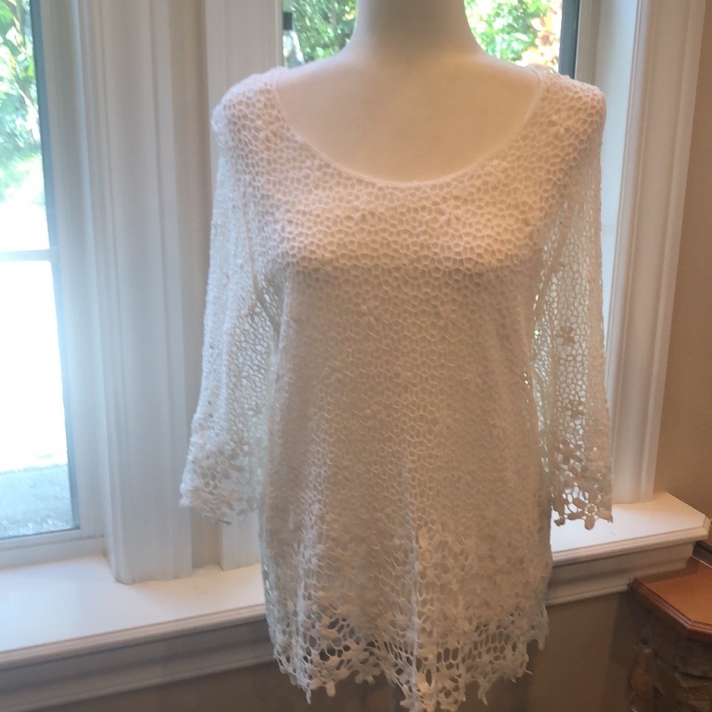 AMANDA BLU White Lace 3/5 Sleeve Top w Cami women’s large - Picture 3 of 17